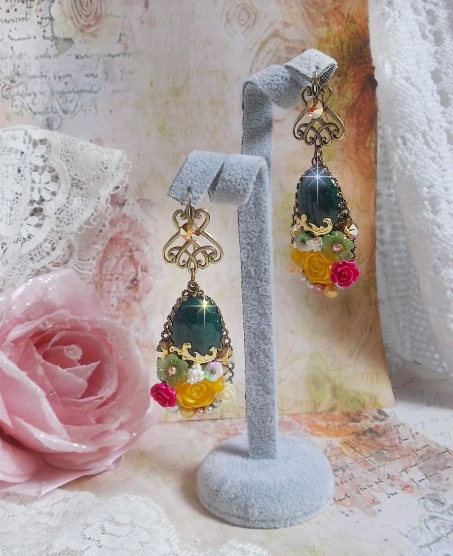 BO Jade Flowers created with oval Malaysian Jade cabochons, Swarovski crystals, resin beads, glass flowers with quality accessories 