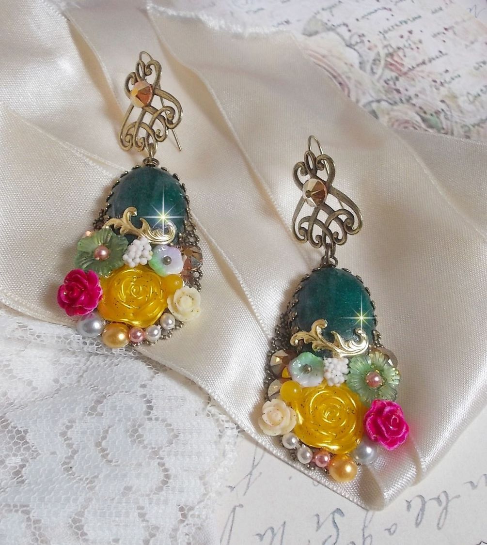 BO Jade Flowers created with oval Malaysian Jade cabochons, Swarovski crystals, resin beads, glass flowers with quality accessories 