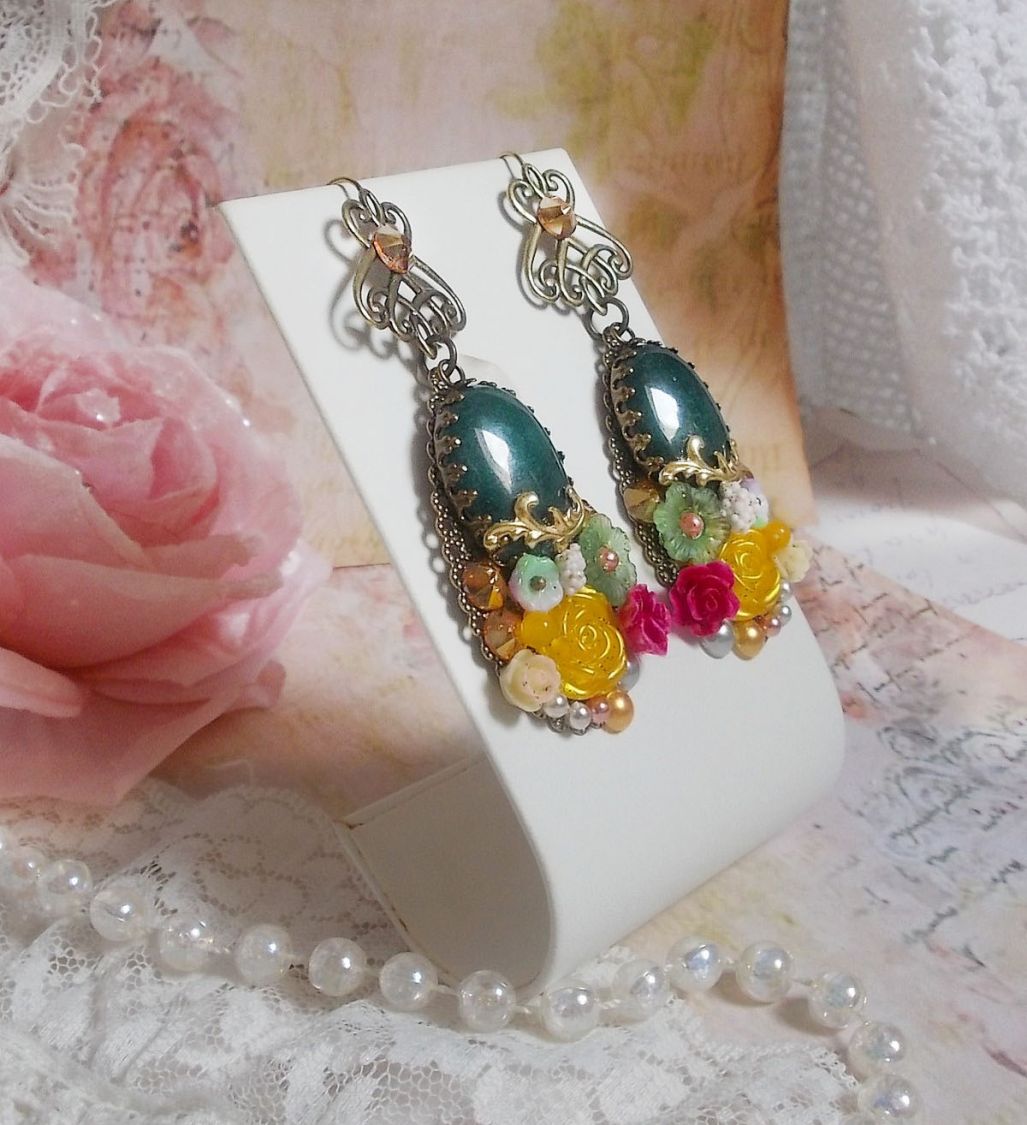 BO Jade Flowers created with oval Malaysian Jade cabochons, Swarovski crystals, resin beads, glass flowers with quality accessories 