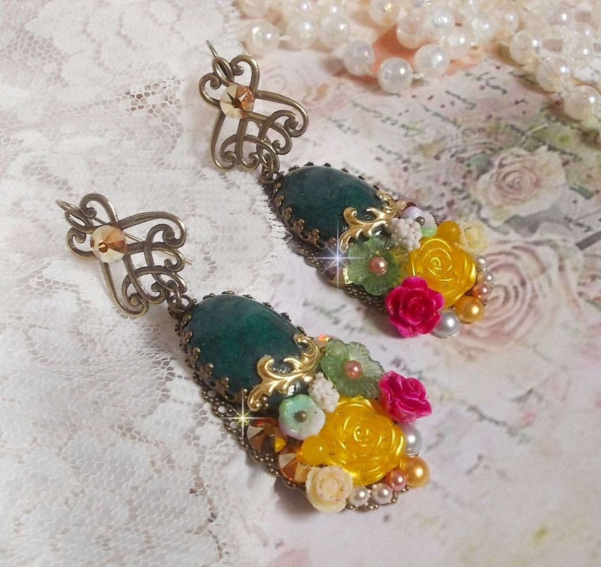 BO Jade Flowers created with oval Malaysian Jade cabochons, Swarovski crystals, resin beads, glass flowers with quality accessories 