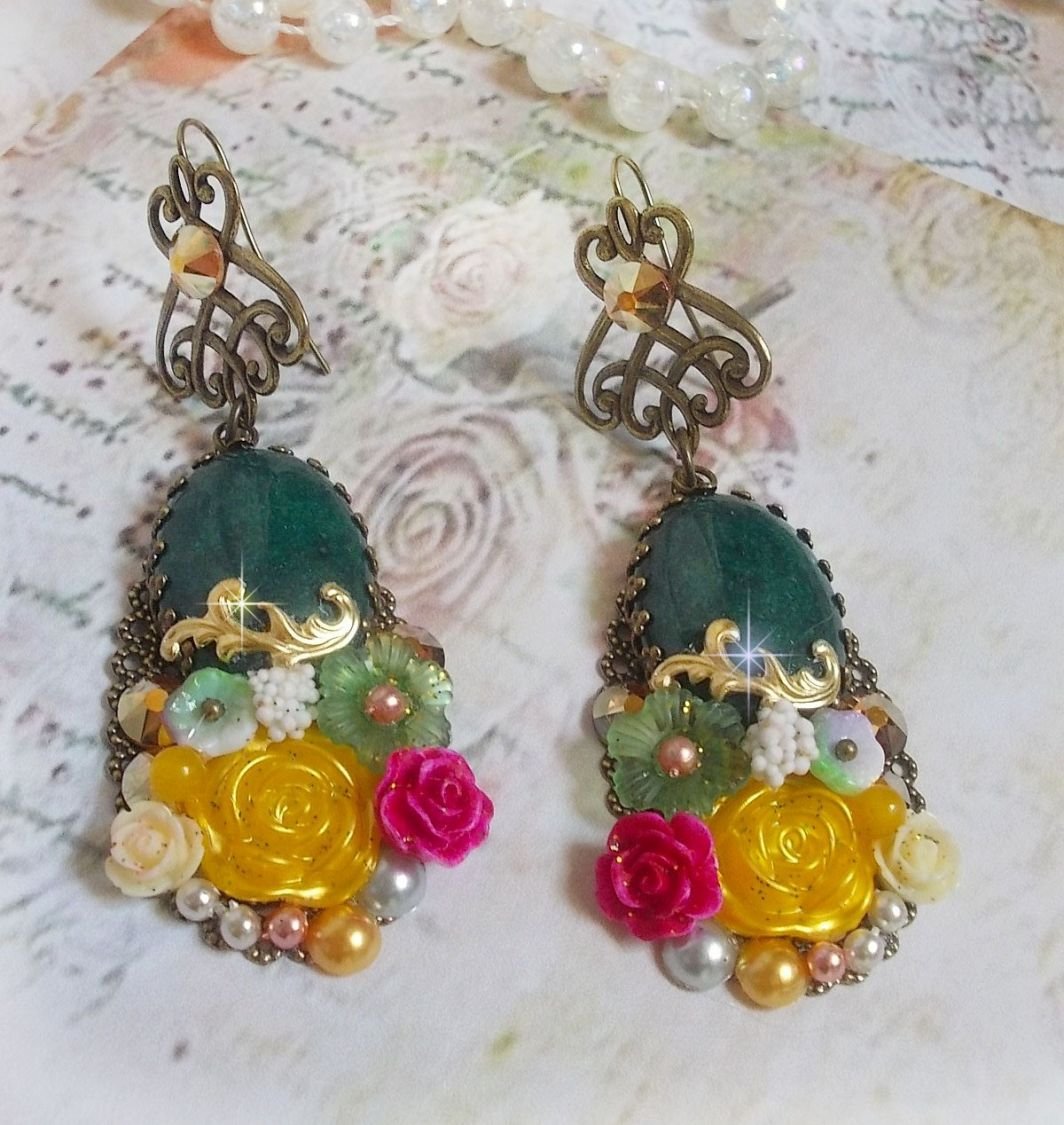BO Jade Flowers created with oval Malaysian Jade cabochons, Swarovski crystals, resin beads, glass flowers with quality accessories 