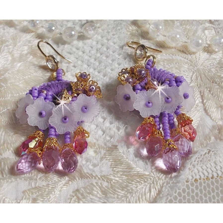 BO Laureline embroidered with Swarovski crystals, purple DMC cotton, Lucite flowers and seed beads