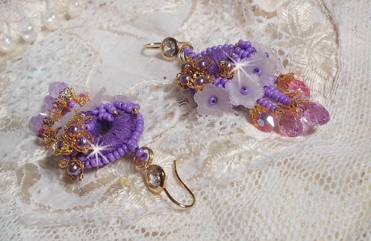 BO Laureline embroidered with Swarovski crystals, purple DMC cotton, Lucite flowers and seed beads