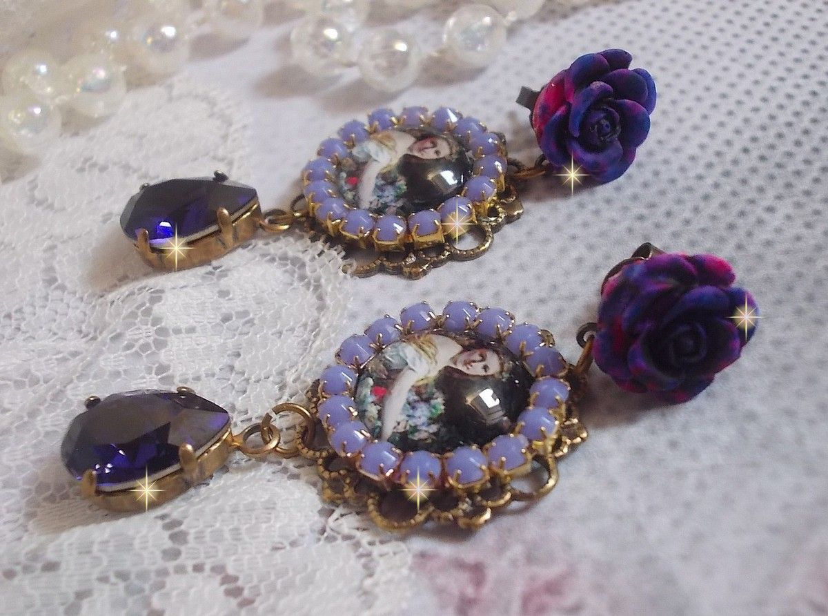 BO La Lavendière created with magnifying glass cabochons, PureCrystal crystals, resin cabochons, gold plated and brass accessories in Bronze color