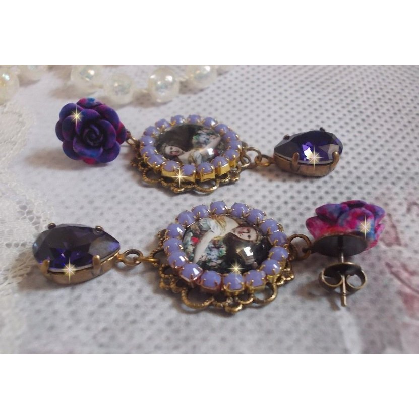 BO La Lavendière created with magnifying glass cabochons, PureCrystal crystals, resin cabochons, gold plated and brass accessories in Bronze color