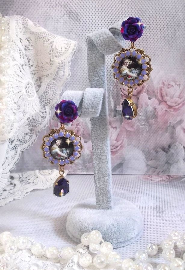 BO La Lavendière created with magnifying glass cabochons, PureCrystal crystals, resin cabochons, gold plated and brass accessories in Bronze color