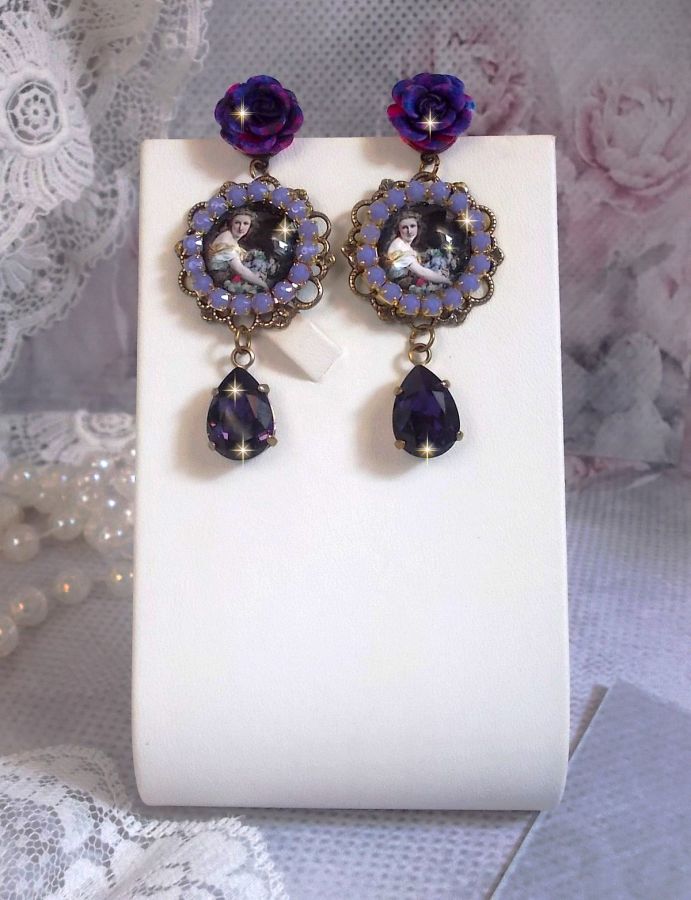 BO La Lavendière created with magnifying glass cabochons, PureCrystal crystals, resin cabochons, gold plated and brass accessories in Bronze color