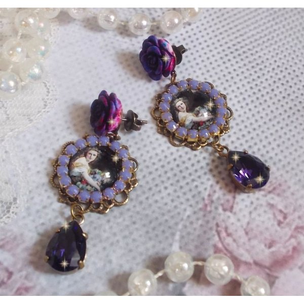 BO La Lavendi&egrave;re created with magnifying glass cabochons, PureCrystal crystals, resin cabochons, gold plated and brass accessories in Bronze color