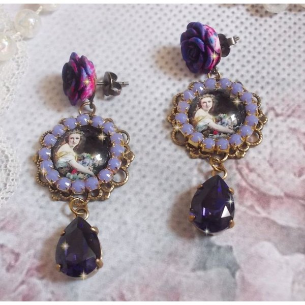 BO La Lavendi&egrave;re created with magnifying glass cabochons, PureCrystal crystals, resin cabochons, gold plated and brass accessories in Bronze color