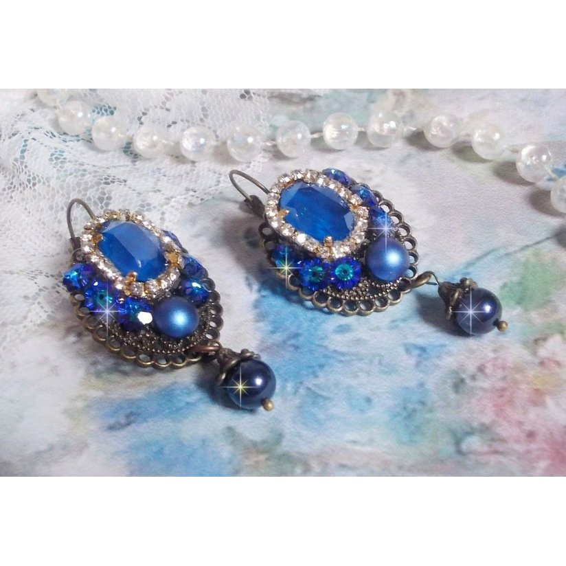 BO Leila created with Royal Blue Swarovski Crystal cabochons, round pearly beads, rhinestone chain, crystal flowers and various accessories 