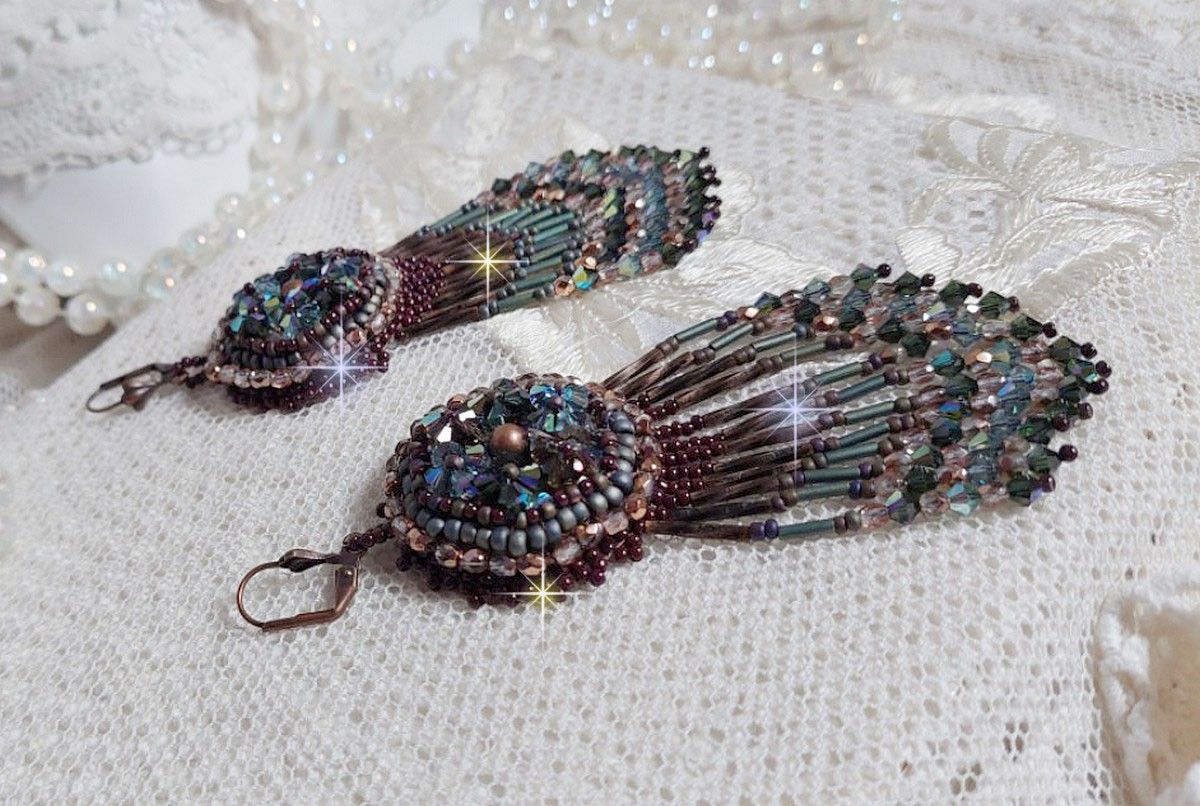 BO Long Brown Picasso embroidered with Swarovski crystals, glass facets, twist bugles and seed beads