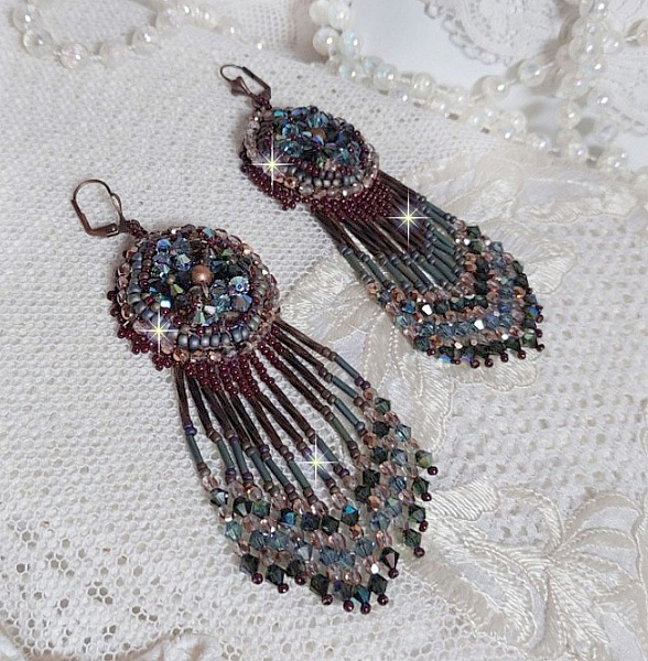 BO Long Brown Picasso embroidered with Swarovski crystals, glass facets, twist bugles and seed beads