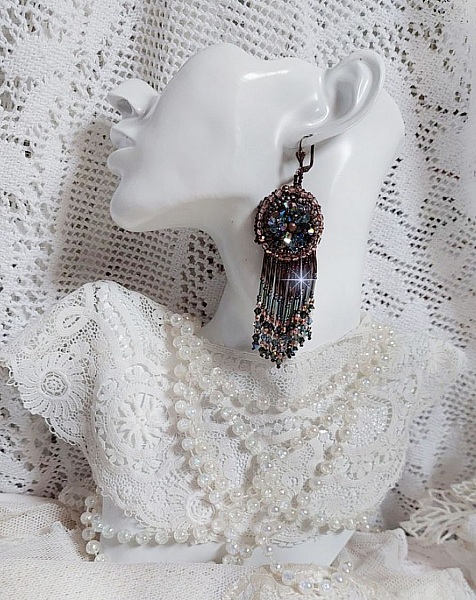 BO Long Brown Picasso embroidered with Swarovski crystals, glass facets, twist bugles and seed beads