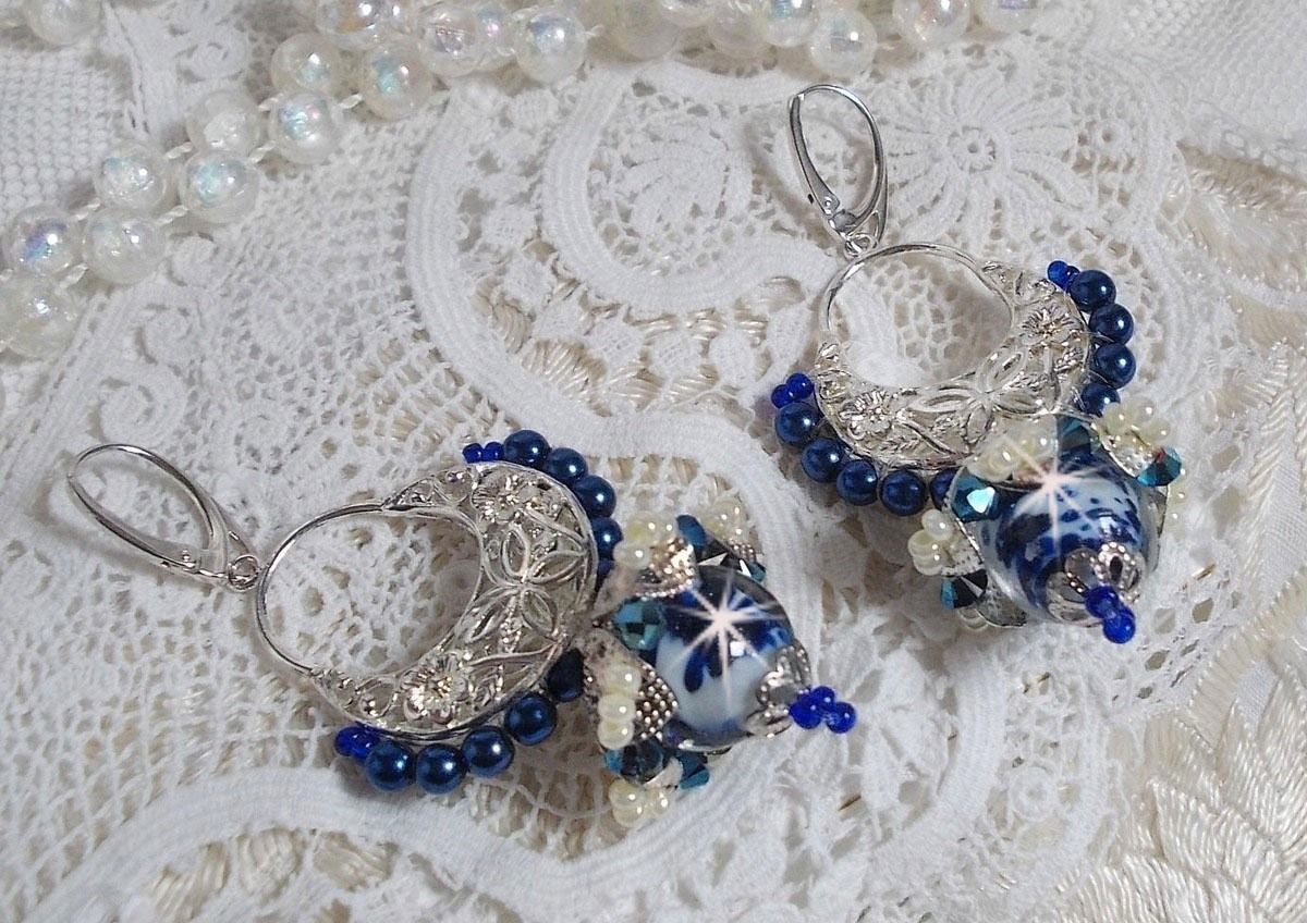 BO Lotus Flowers mounted with Capri Blue/White Venetian Beads and Half Moon Candlestick connectors