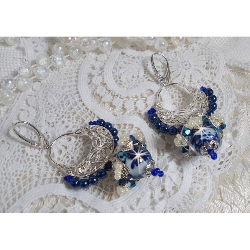 BO Lotus Flowers mounted with Capri Blue/White Venetian Beads and Half Moon Candlestick connectors