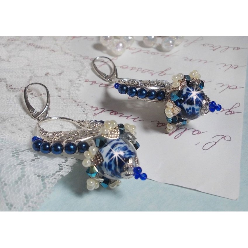 BO Lotus Flowers mounted with Capri Blue/White Venetian Beads and Half Moon Candlestick connectors