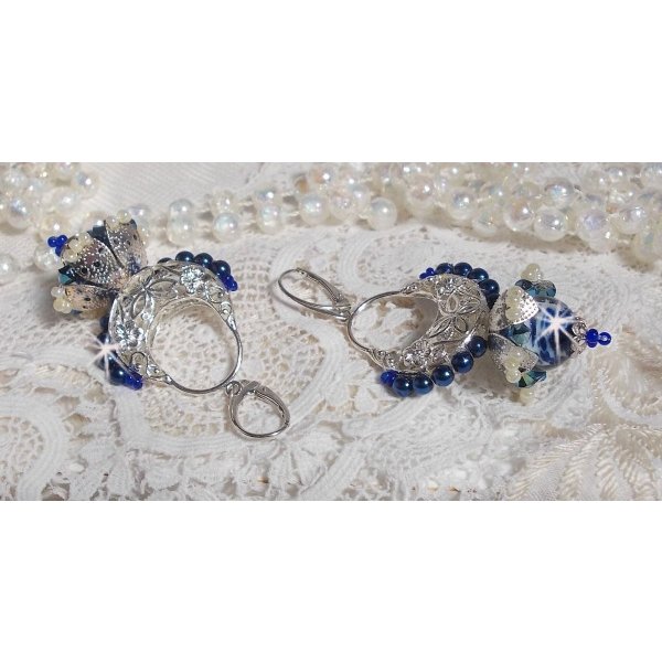 BO Lotus Flowers mounted with Capri Blue/White Venetian Beads and Half Moon Candlestick connectors