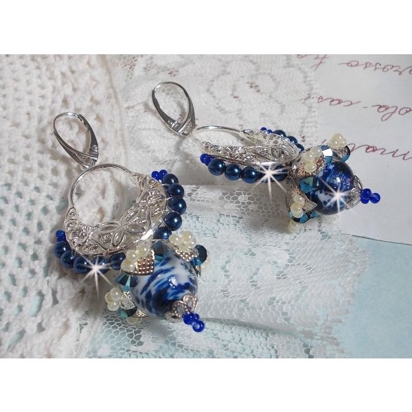 BO Lotus Flowers mounted with Capri Blue/White Venetian Beads and Half Moon Candlestick connectors