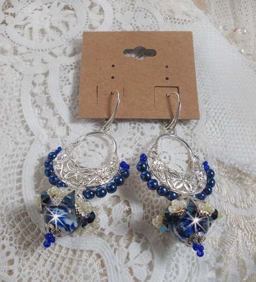 BO Lotus Flowers mounted with Capri Blue/White Venetian Beads and Half Moon Candlestick connectors