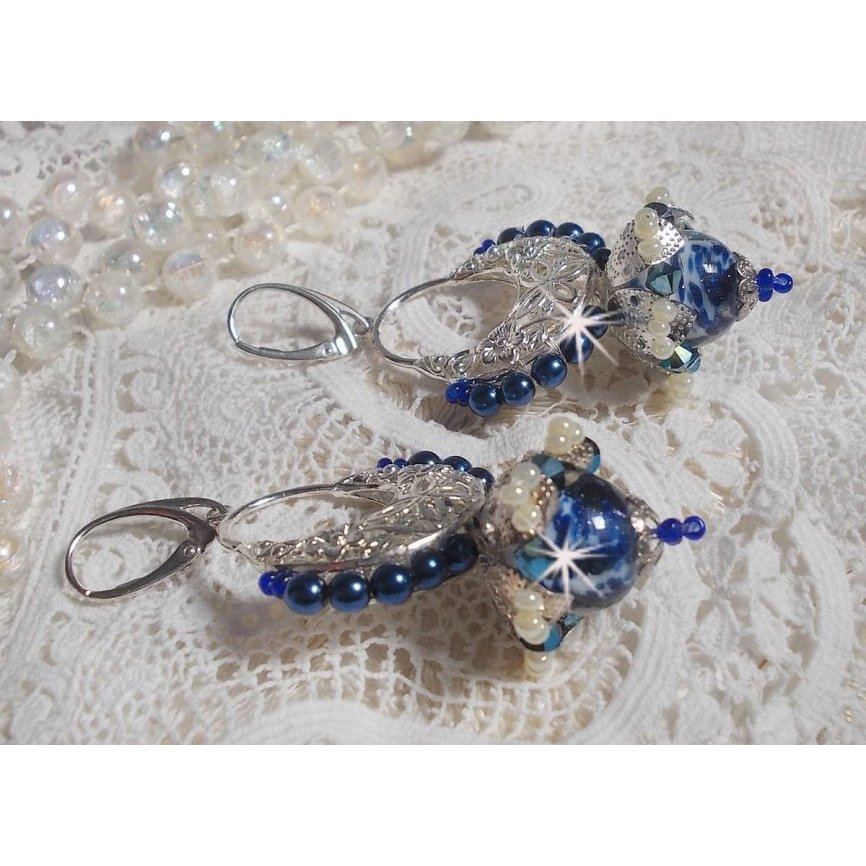 BO Lotus Flowers mounted with Capri Blue/White Venetian Beads and Half Moon Candlestick connectors