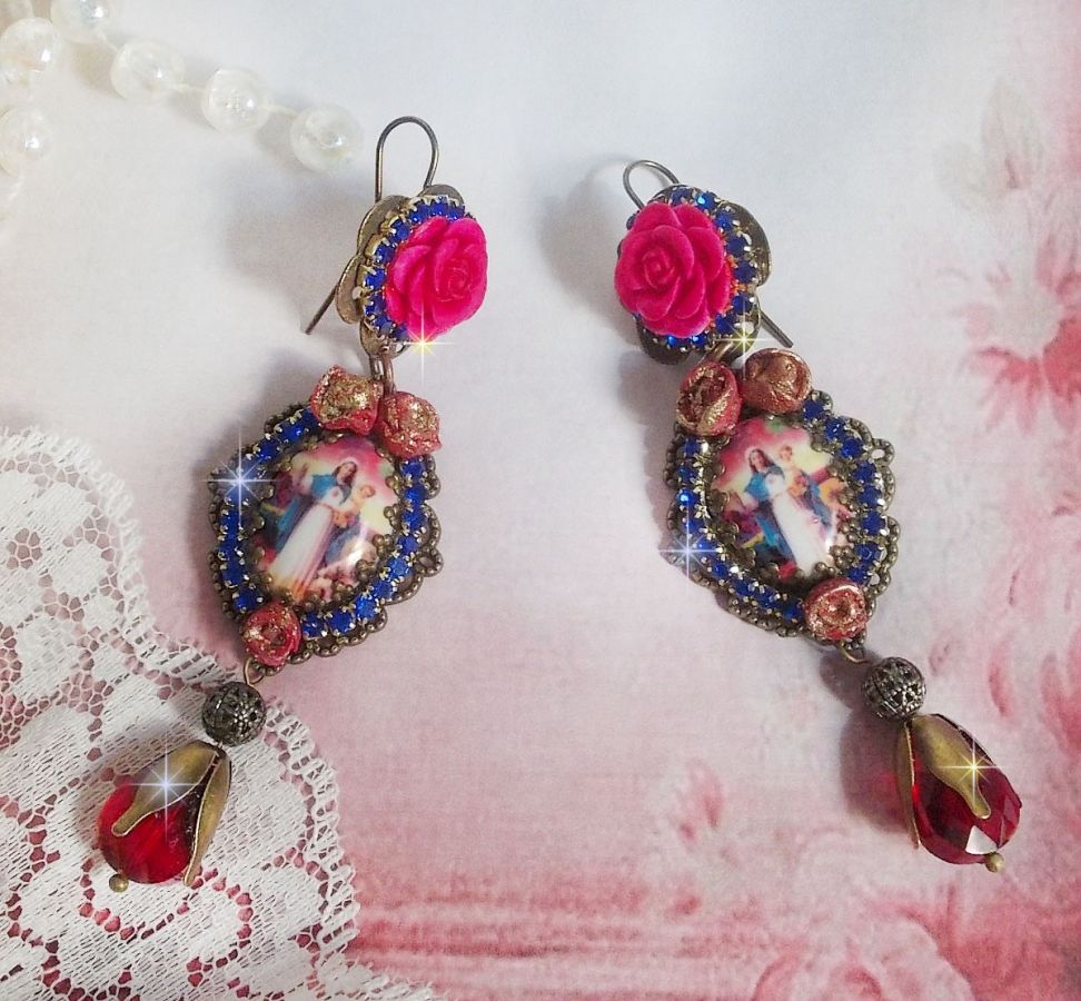 BO Mary and Jesus created with resin cabochons, red faceted pears and various accessories