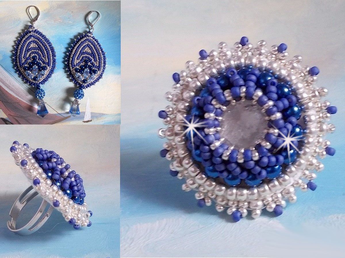 BO Marine Blue embroidered with Swarovski crystals, round glass beads and Miyuki seed beads