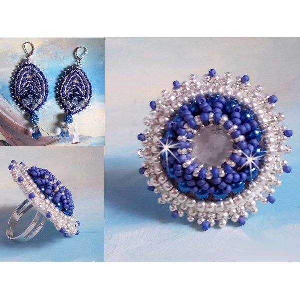 BO Marine Blue embroidered with Swarovski crystals, round glass beads and Miyuki seed beads