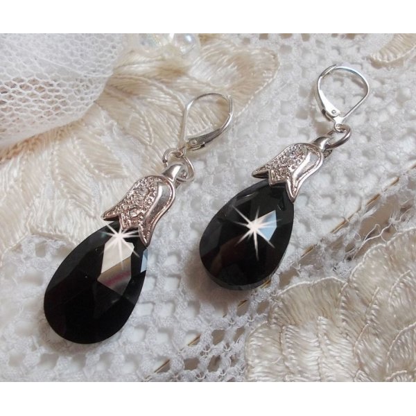 BO Merveilles Jet created with small silver rhinestone clasps and faceted drops