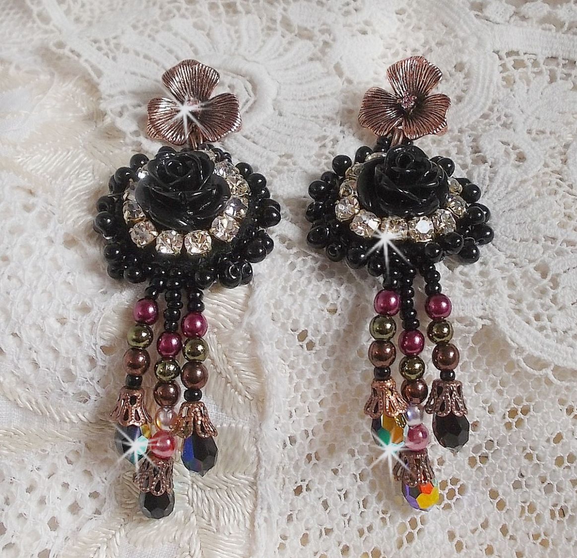 BO Midnight Daisy embroidered with pearl beads, Swarovski crystals, silver Crystal bezels and Miyuki seed beads