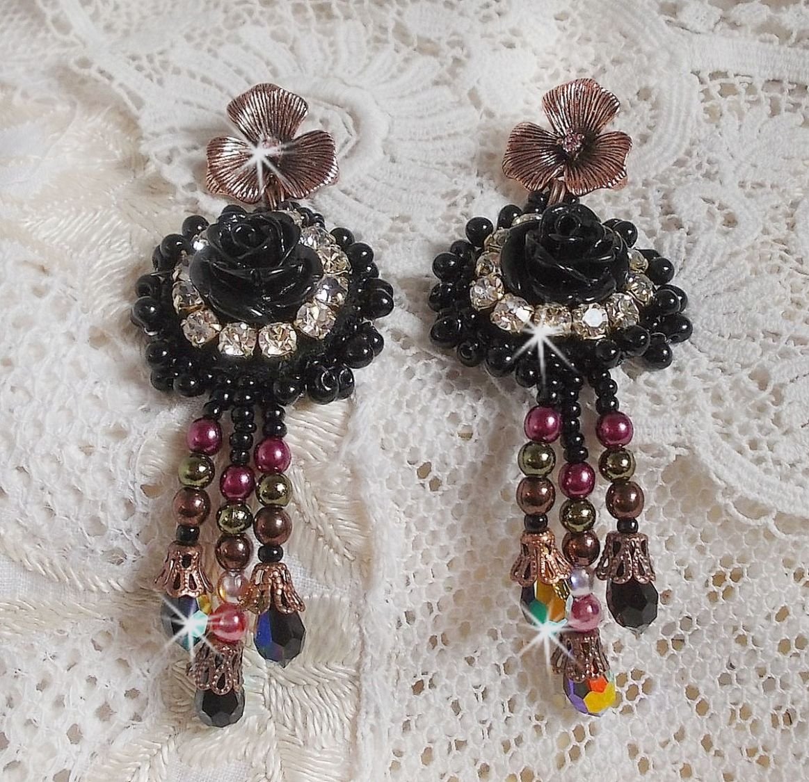 BO Midnight Daisy embroidered with pearl beads, Swarovski crystals, silver Crystal bezels and Miyuki seed beads