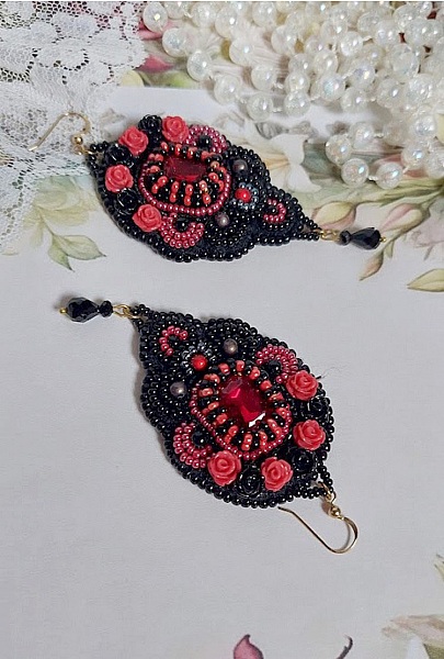 BO Midnight in Paris embroidered with Swarovski crystals, red resin roses, pearl beads, seed beads and 14K Gold Filled ear hooks