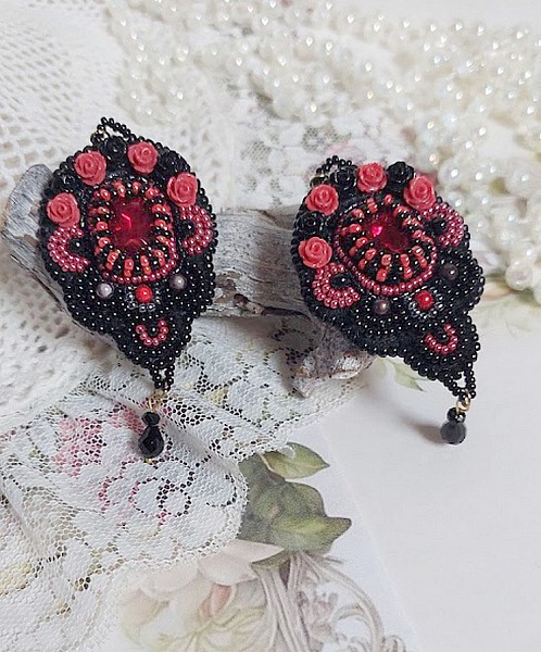 BO Midnight in Paris embroidered with Swarovski crystals, red resin roses, pearl beads, seed beads and 14K Gold Filled ear hooks
