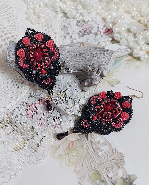 BO Midnight in Paris embroidered with Swarovski crystals, red resin roses, pearl beads, seed beads and 14K Gold Filled ear hooks