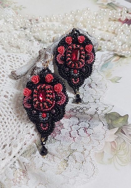 BO Midnight in Paris embroidered with Swarovski crystals, red resin roses, pearl beads, seed beads and 14K Gold Filled ear hooks
