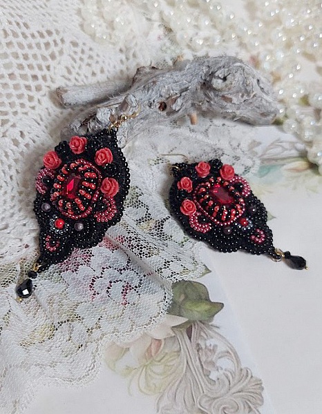 BO Midnight in Paris embroidered with Swarovski crystals, red resin roses, pearl beads, seed beads and 14K Gold Filled ear hooks
