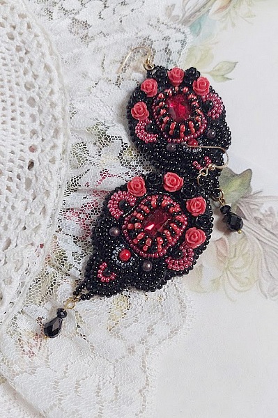 BO Midnight in Paris embroidered with Swarovski crystals, red resin roses, pearl beads, seed beads and 14K Gold Filled ear hooks