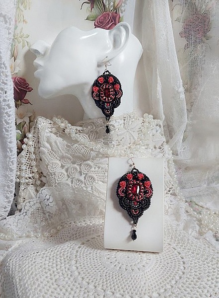 BO Midnight in Paris embroidered with Swarovski crystals, red resin roses, pearl beads, seed beads and 14K Gold Filled ear hooks