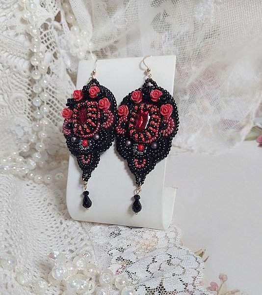 BO Midnight in Paris embroidered with Swarovski crystals, red resin roses, pearl beads, seed beads and 14K Gold Filled ear hooks