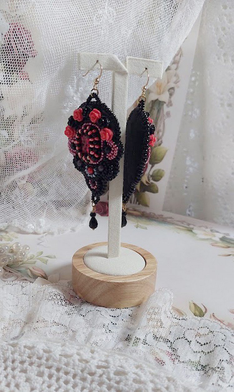 BO Midnight in Paris embroidered with Swarovski crystals, red resin roses, pearl beads, seed beads and 14K Gold Filled ear hooks