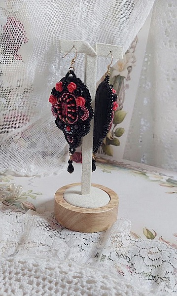 BO Midnight in Paris embroidered with Swarovski crystals, red resin roses, pearl beads, seed beads and 14K Gold Filled ear hooks