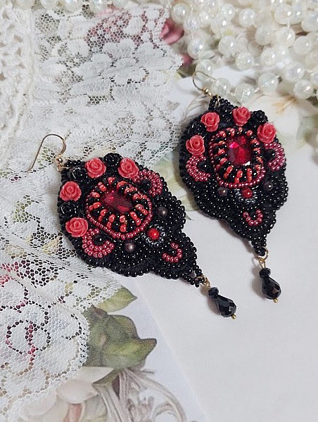 BO Midnight in Paris embroidered with Swarovski crystals, red resin roses, pearl beads, seed beads and 14K Gold Filled ear hooks