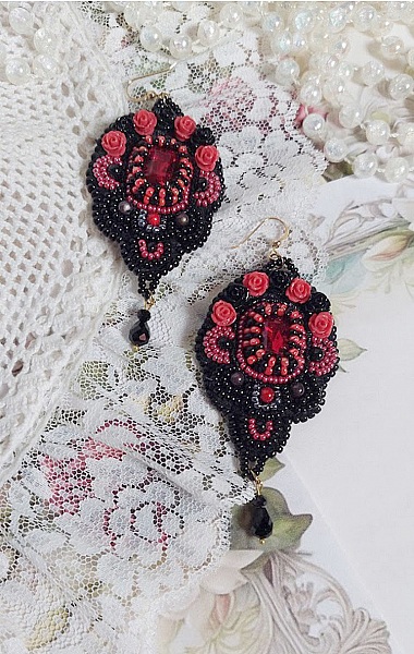 BO Midnight in Paris embroidered with Swarovski crystals, red resin roses, pearl beads, seed beads and 14K Gold Filled ear hooks