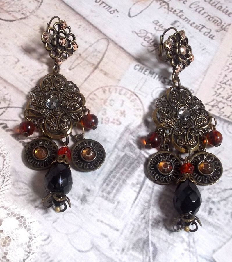 BO Milady Broc' created with stamps, drops, brass charms, rhinestones, PureCrystal cabochons and glass beads