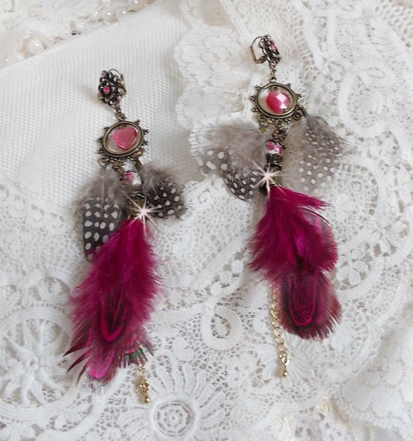 Navajo Fuchsia and Brown BO with glass beads, Swarovski crystals and feathers