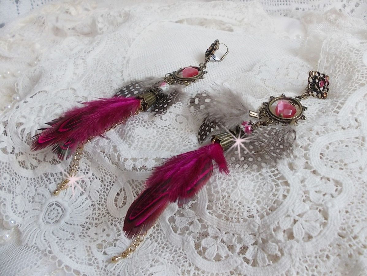 Navajo Fuchsia and Brown BO with glass beads, Swarovski crystals and feathers