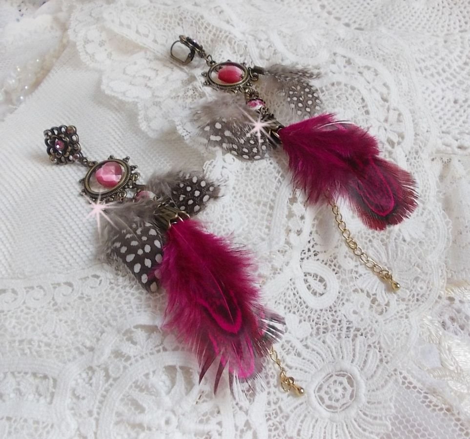 Navajo Fuchsia and Brown BO with glass beads, Swarovski crystals and feathers