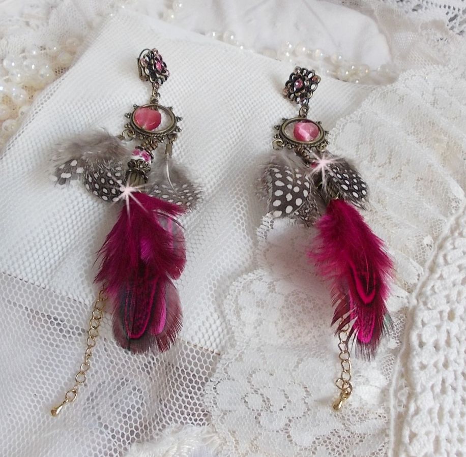 Navajo Fuchsia and Brown BO with glass beads, Swarovski crystals and feathers