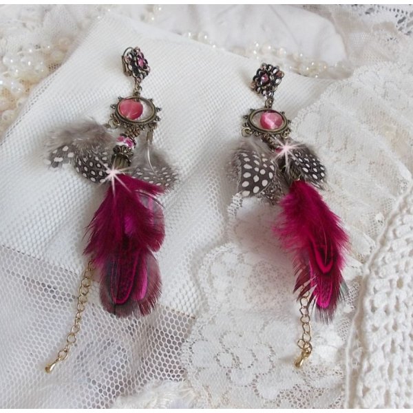 Navajo Fuchsia and Brown BO with glass beads, Swarovski crystals and feathers