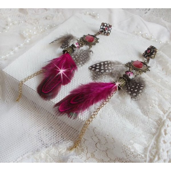 Navajo Fuchsia and Brown BO with glass beads, Swarovski crystals and feathers