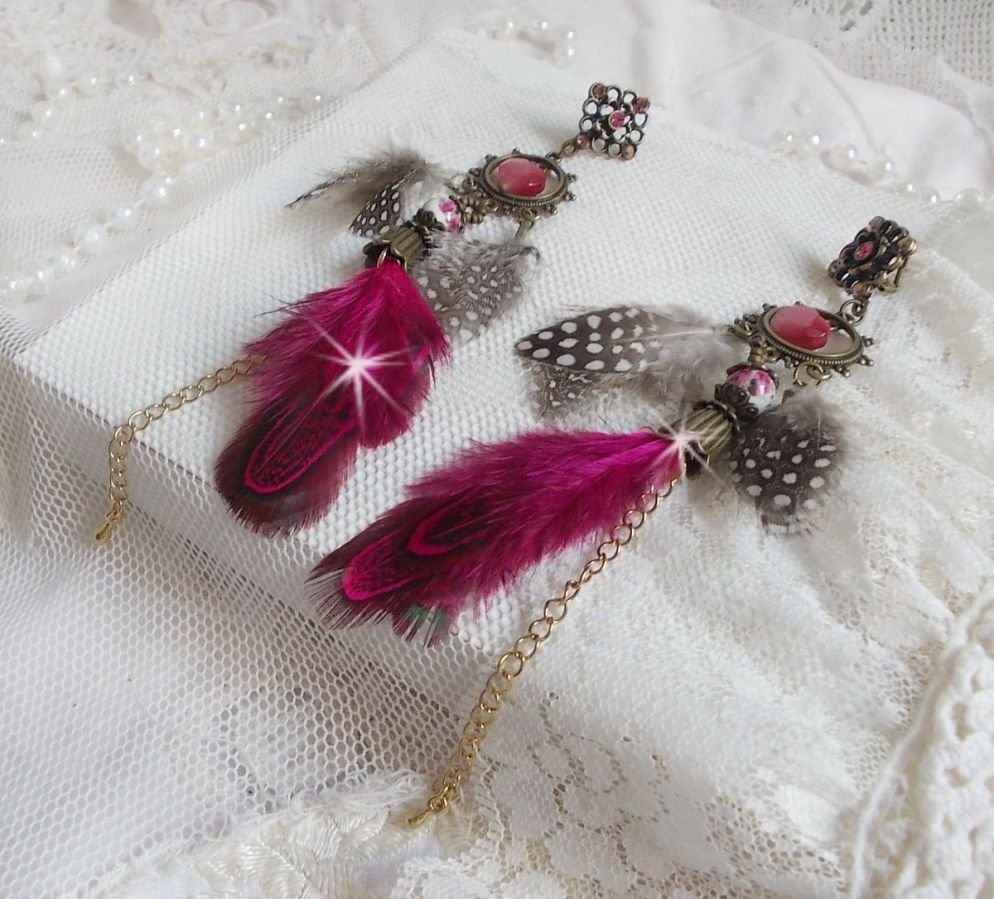 Navajo Fuchsia and Brown BO with glass beads, Swarovski crystals and feathers